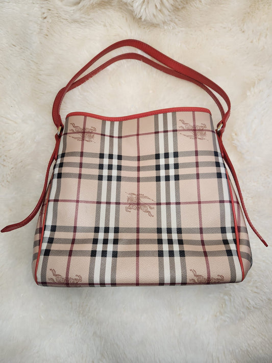 Burberry Red Leather Hay Market Check Canterbury Tote Bag