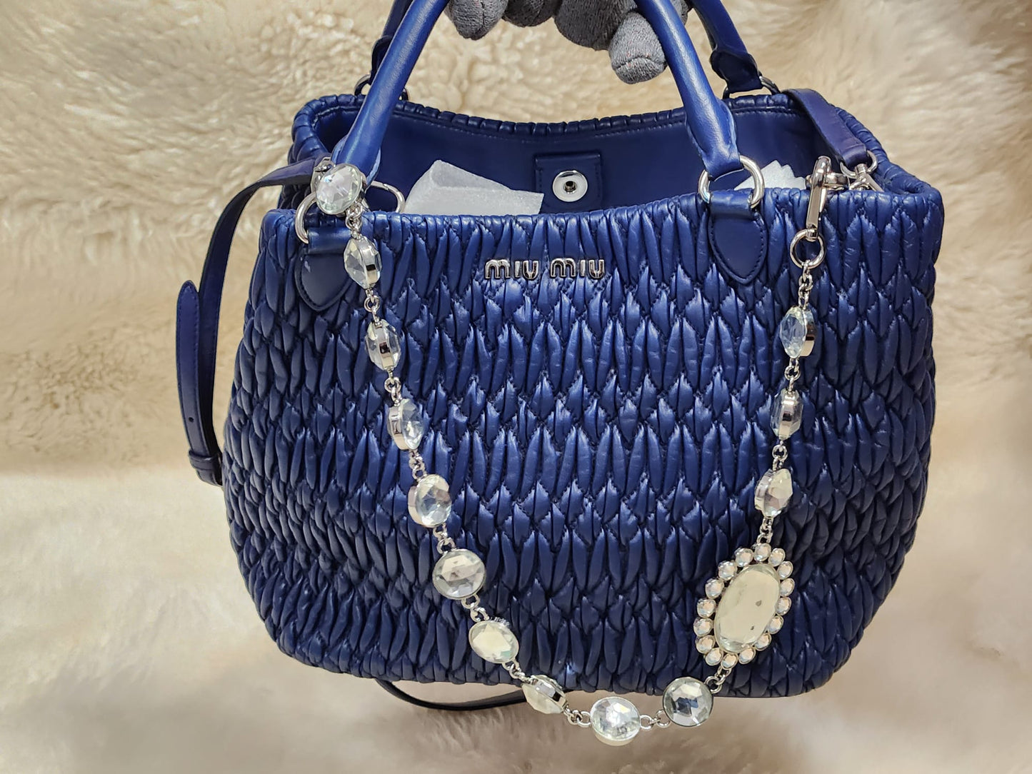 MUI MUI Matelasse Lambskin Leather with two belts Crystal and Leather Belt Royal Blue