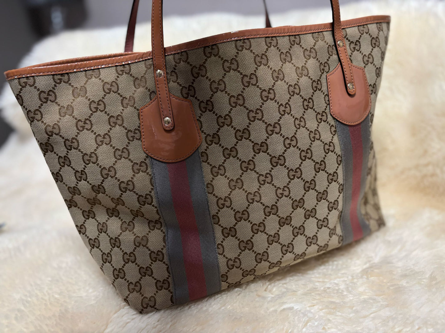 Gucci Monogram Patent Web Jolie Tote