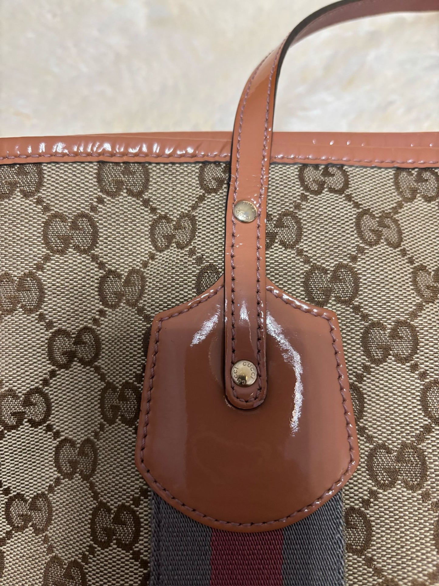 Gucci Monogram Patent Web Jolie Tote