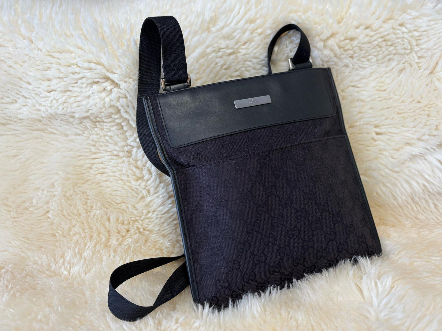 Gucci Men Black Canvas Messenger Bag Monogram with Silver Hardware