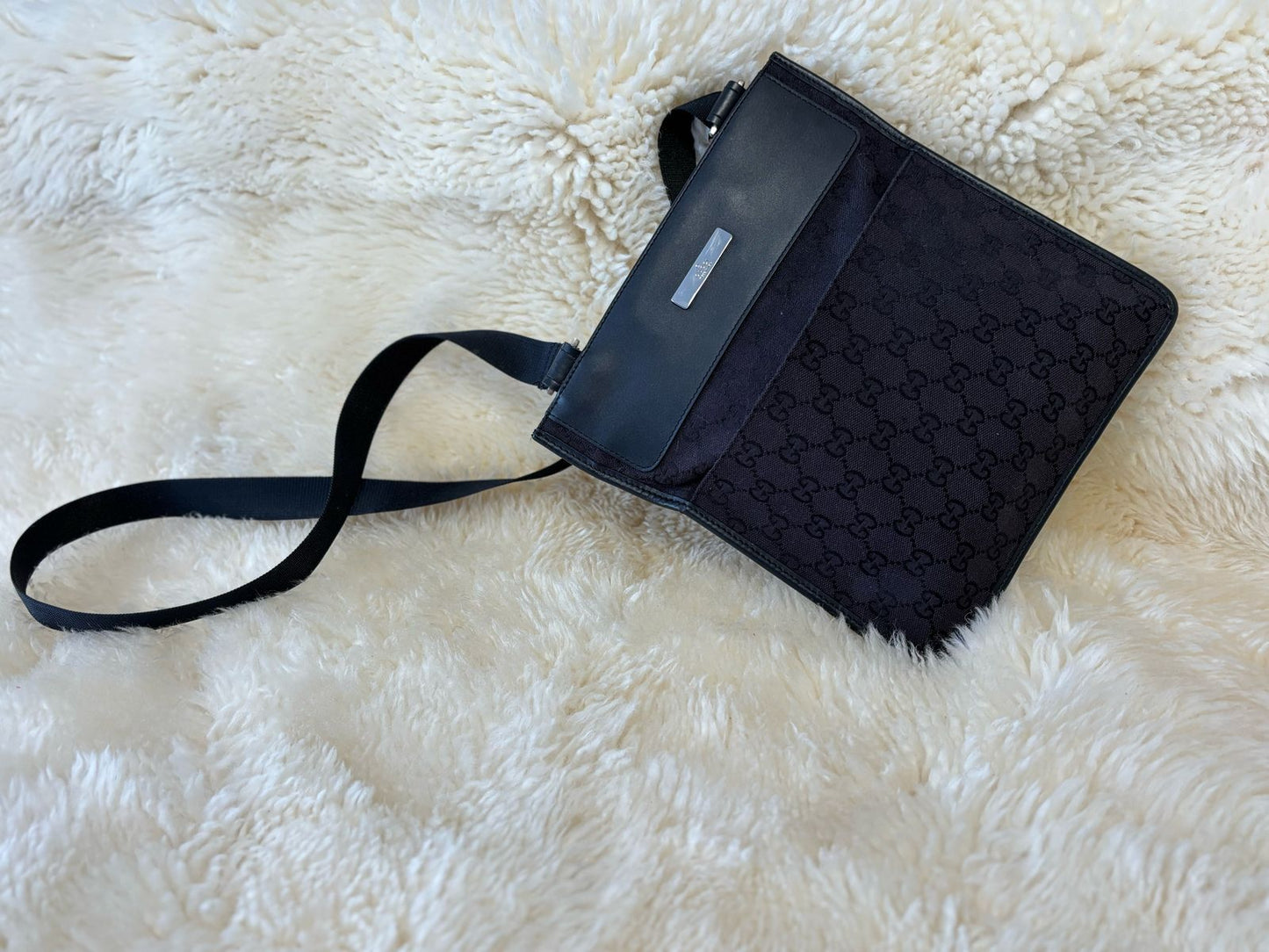 Gucci Men Black Canvas Messenger Bag Monogram with Silver Hardware