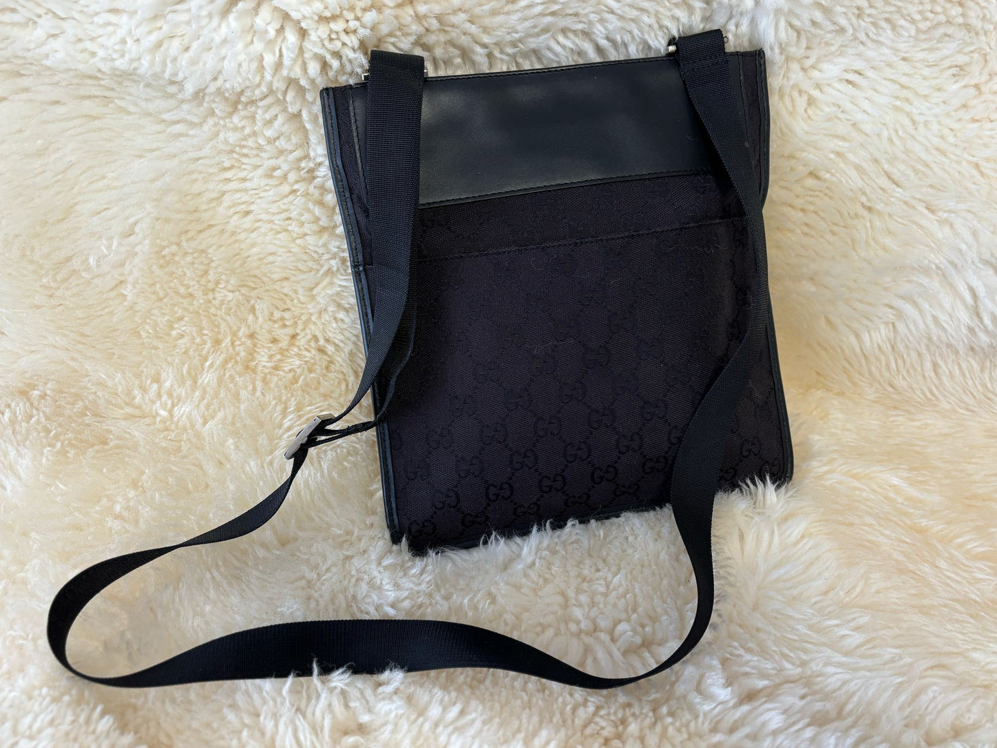 Gucci Men Black Canvas Messenger Bag Monogram with Silver Hardware