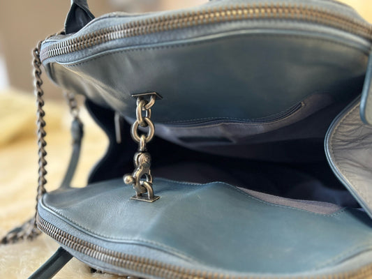 Chanel Tote Blue Calf Skin Leather with signs of usage