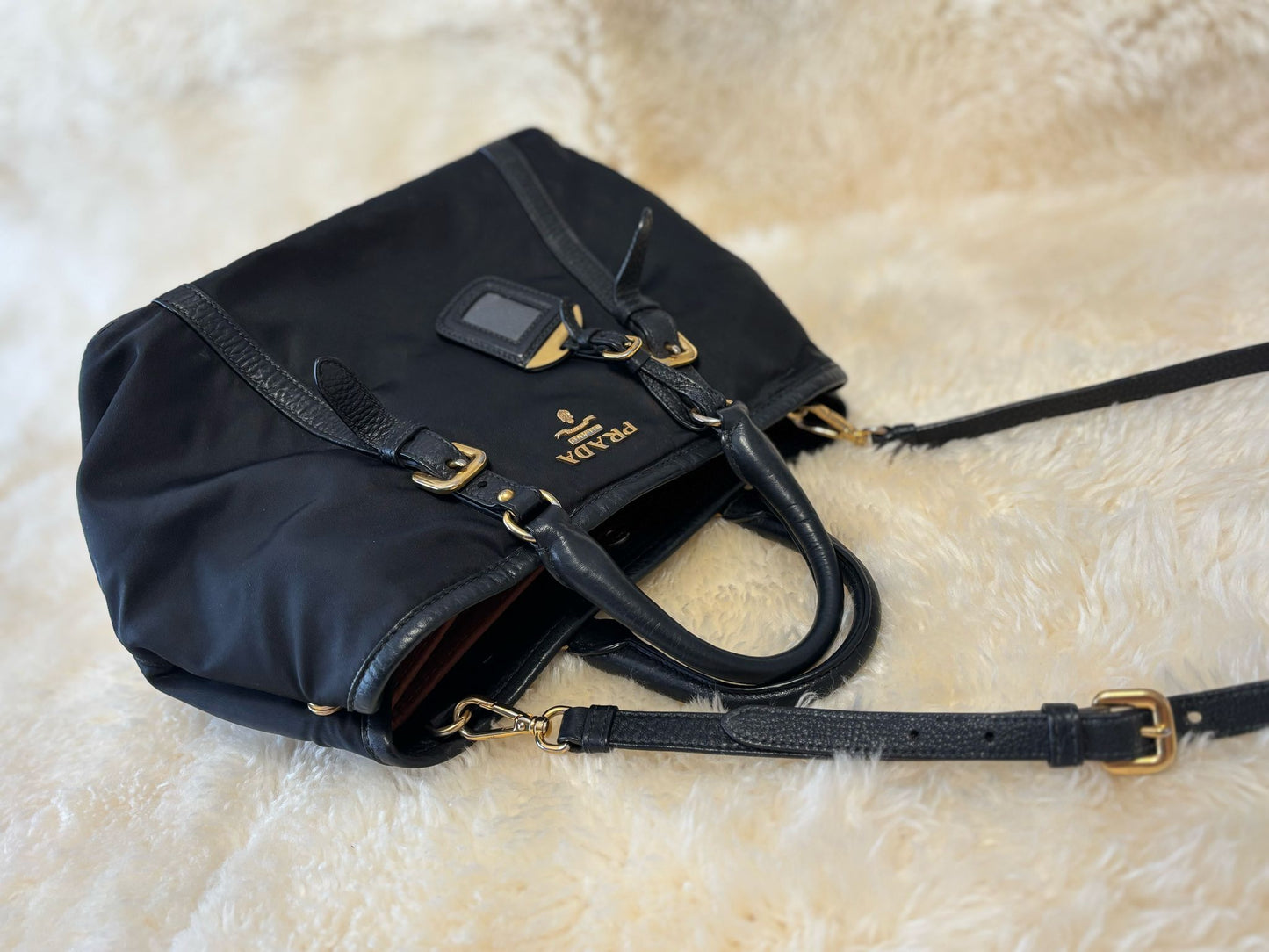 Prada Tessuto Boston Crossbody Bag Black with Gold Hardware