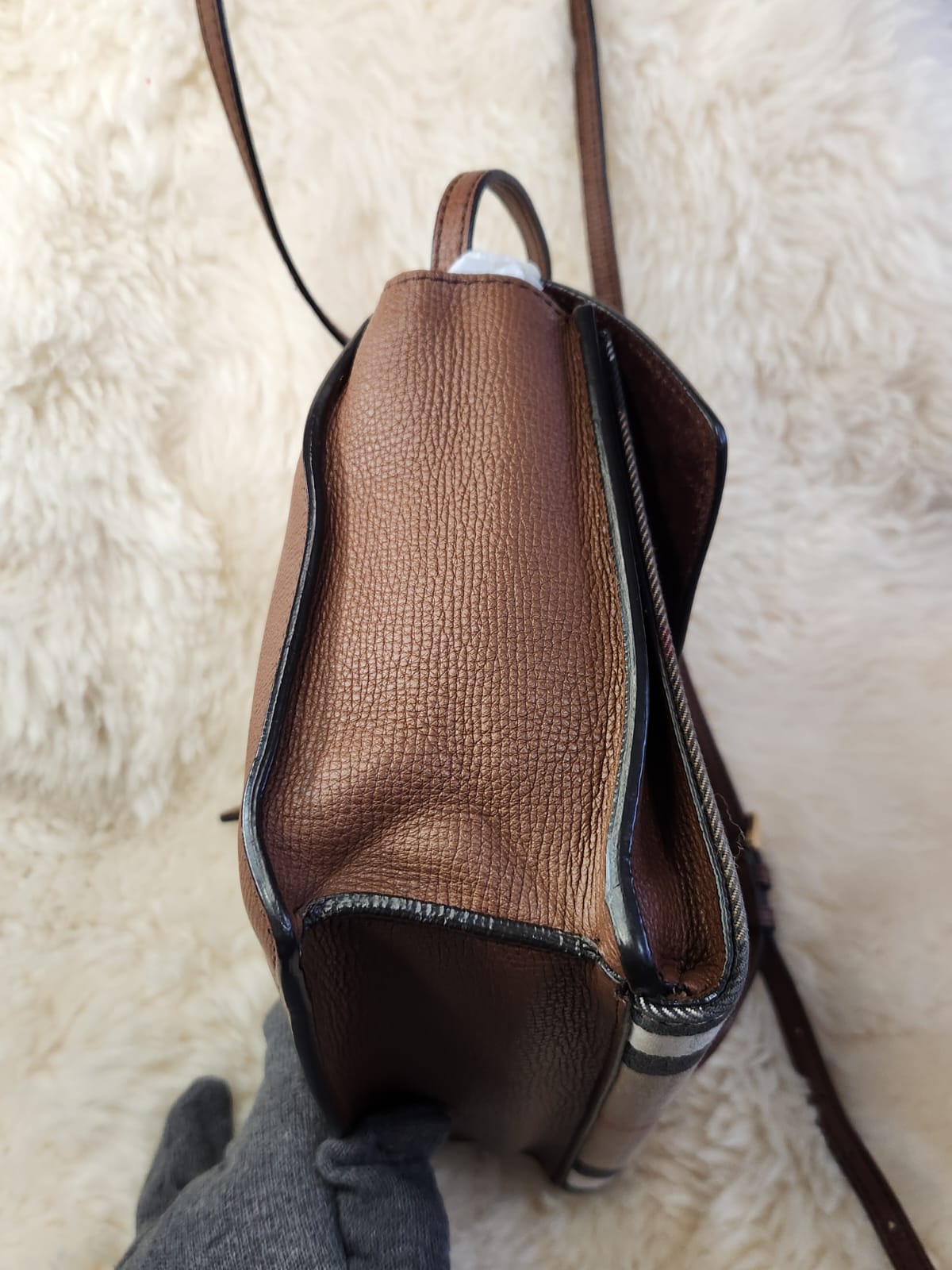 Burberry Macken Crossbody Bag Leather and House Check Canvas Brown W9.5 x H6.5 inch