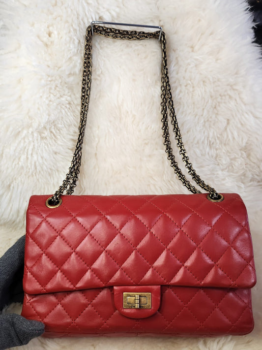 Chanel 2.55 Red Lambskin Leather in antique style gold tone hardware