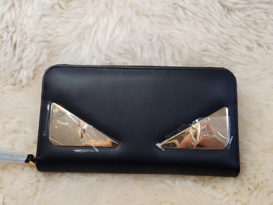FENDI Bugs Eye Long Wallet Black  Gold Hardware 3.7 x 7.2 x 0.7 inch
